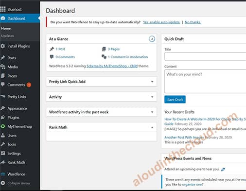 Bluehost Wordpress Dashboard