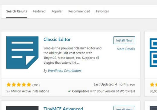 Installer le plugin Classic Editor
