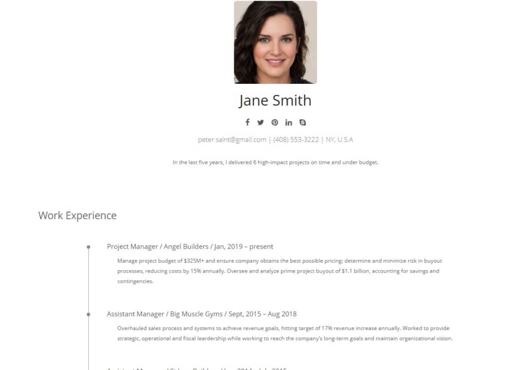 Resume showing the head shot with work experience