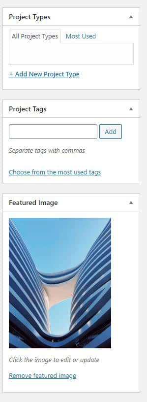 Project Types, Project Tags and Featured Image